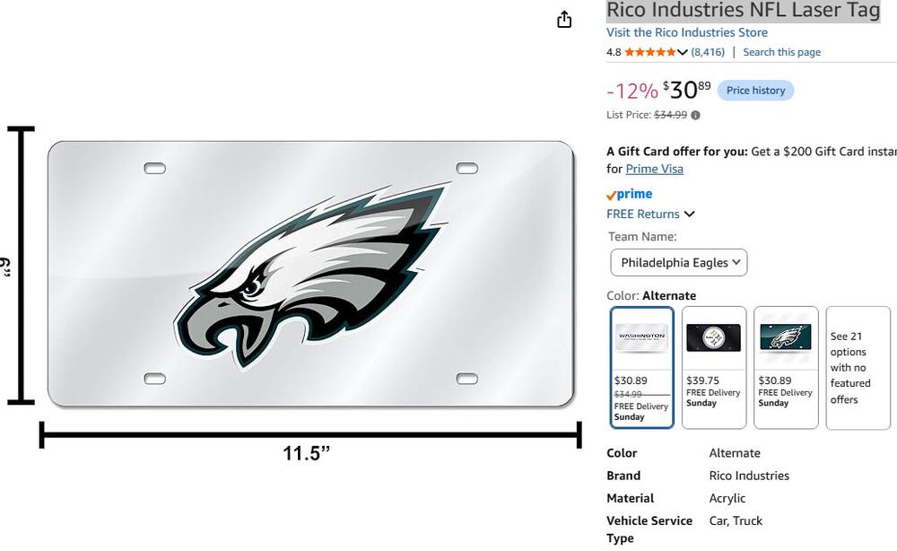 Philadelphia Eagles License Plate Rico Industries NFL Laser Tag